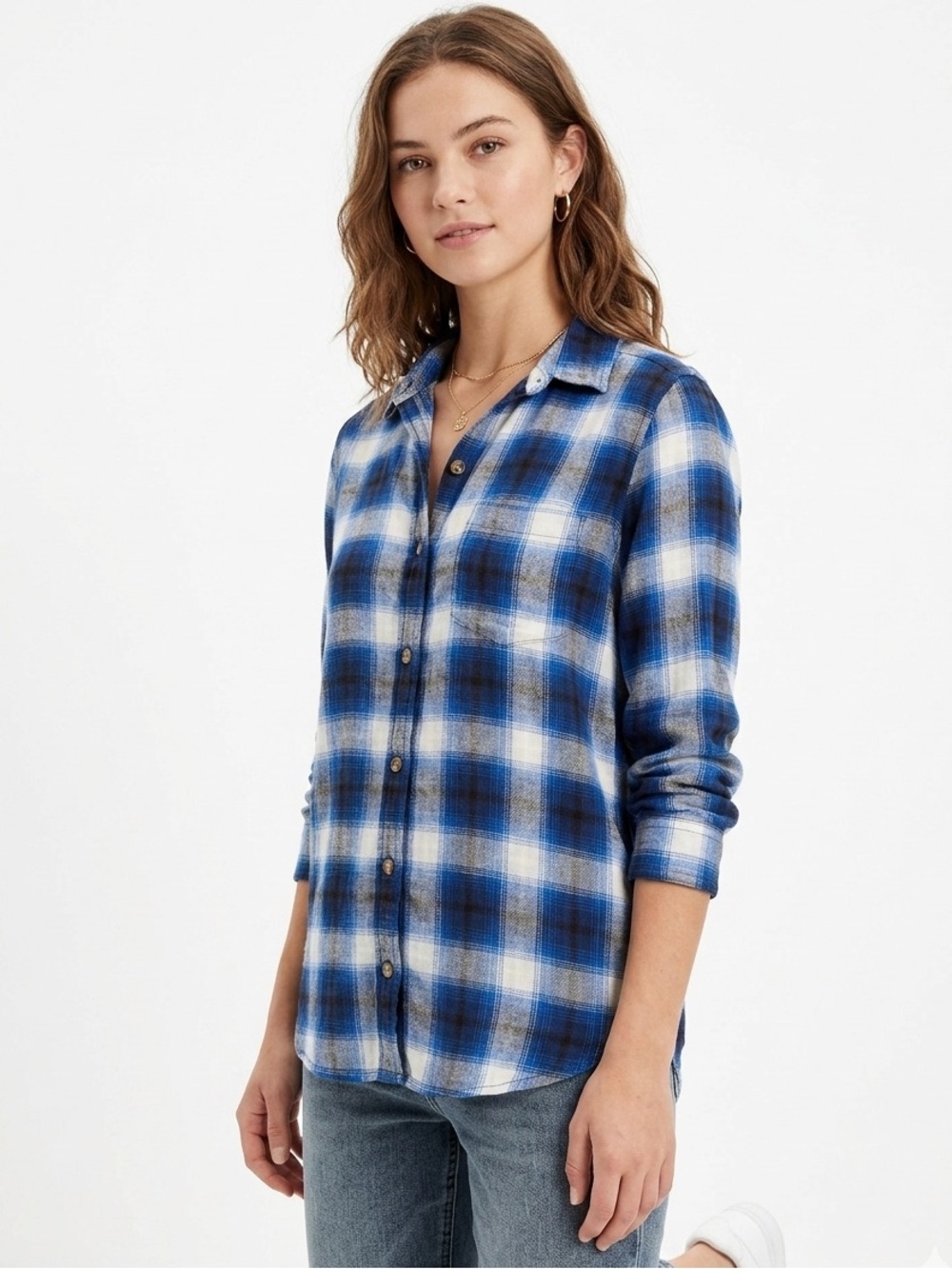 American Eagle Blue Plaid Boyfriend Fit Button Down Flannel Shirt Size Small